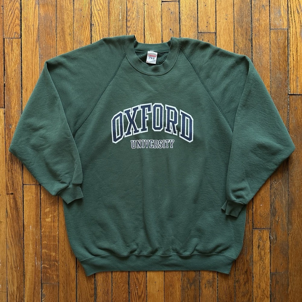 Vtg 90s Jerzees 762 Oxford University Raglan Crewneck Sweatshirt Men XXL Green